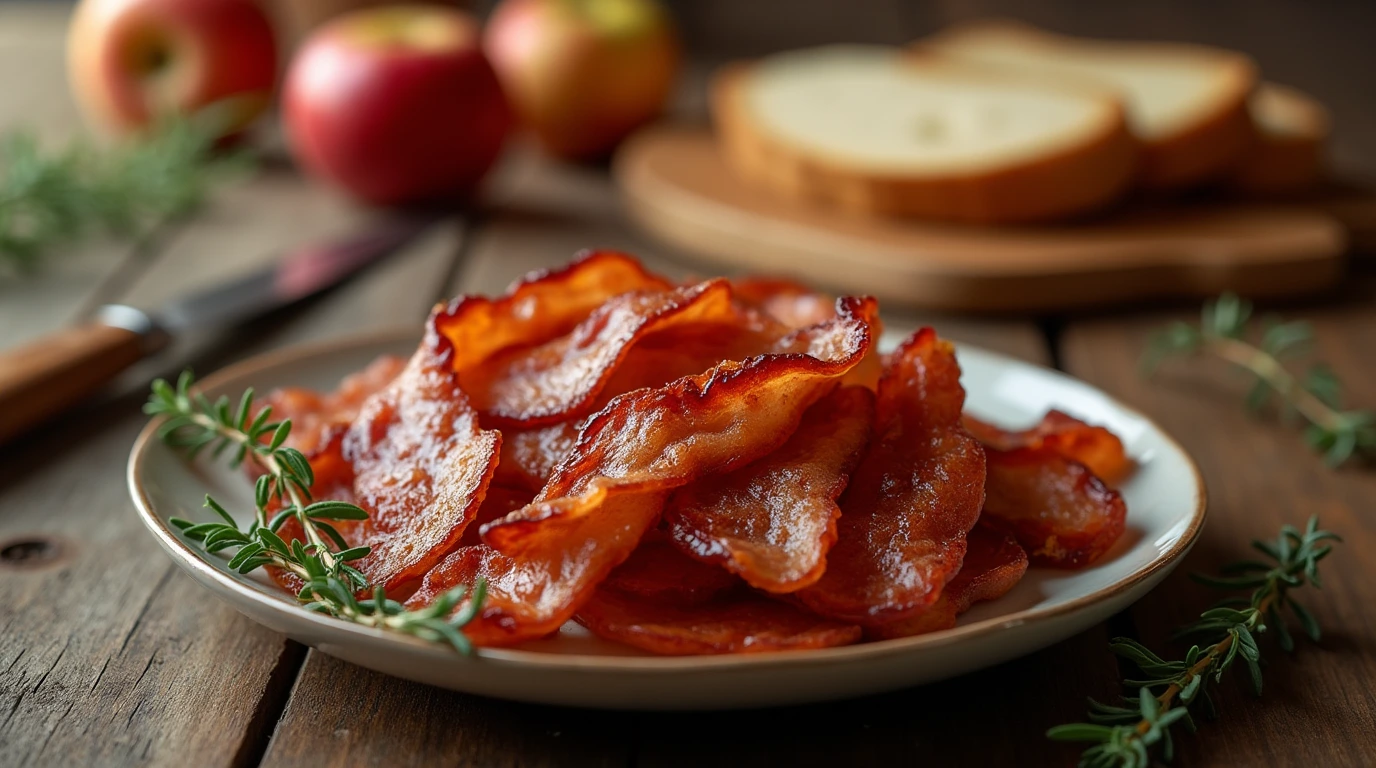 A plate of crispy, golden-brown apple smoked bacon with fresh thyme and maple syrup, set against a rustic wooden backdrop.