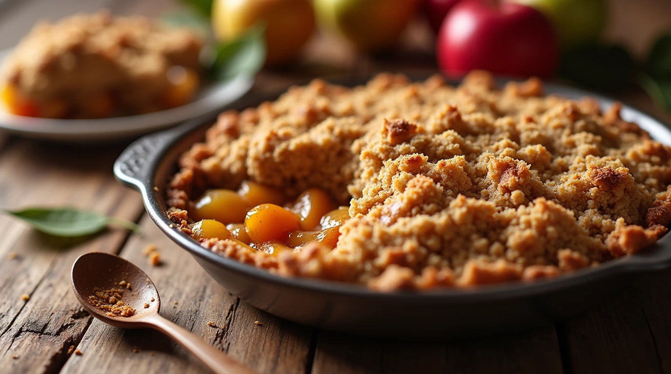 Close-up of a warm and inviting protein apple crisp with a crunchy oat and almond topping