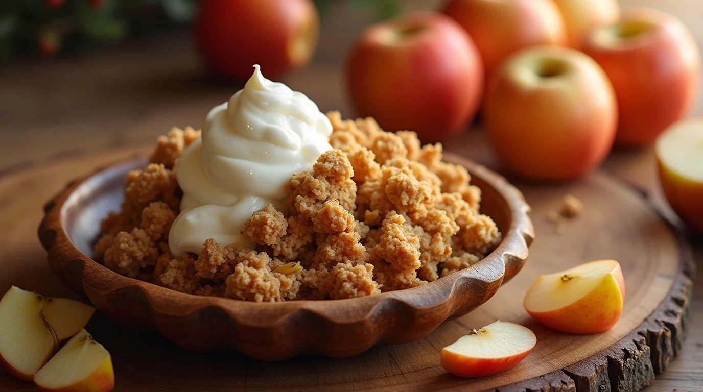 A warm and inviting protein apple crisp dessert on a rustic wooden platter, fresh apples and creamy yogurt added for garnish.