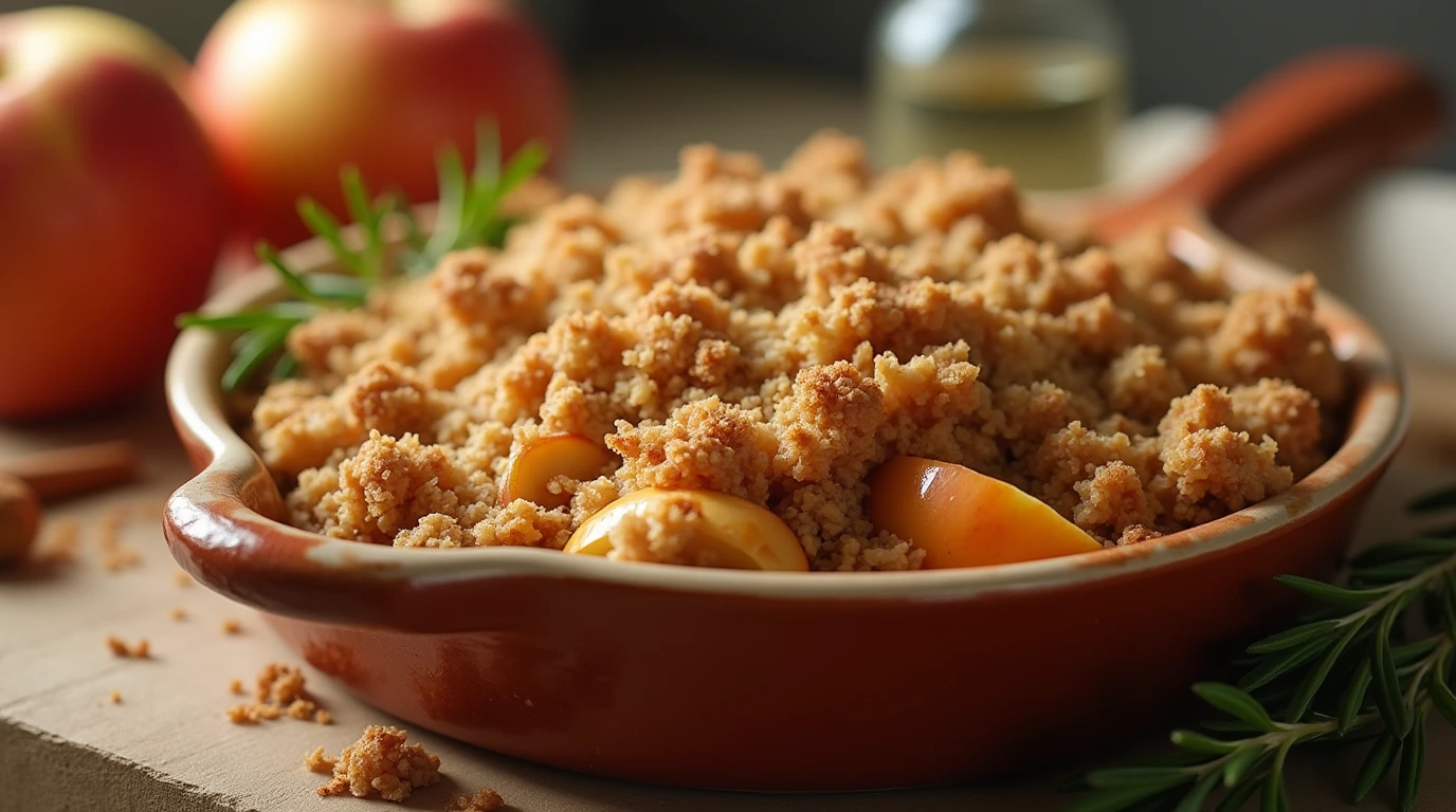 A warm and inviting photograph of protein apple crisp, with a crumble topping and fresh rosemary sprigs.