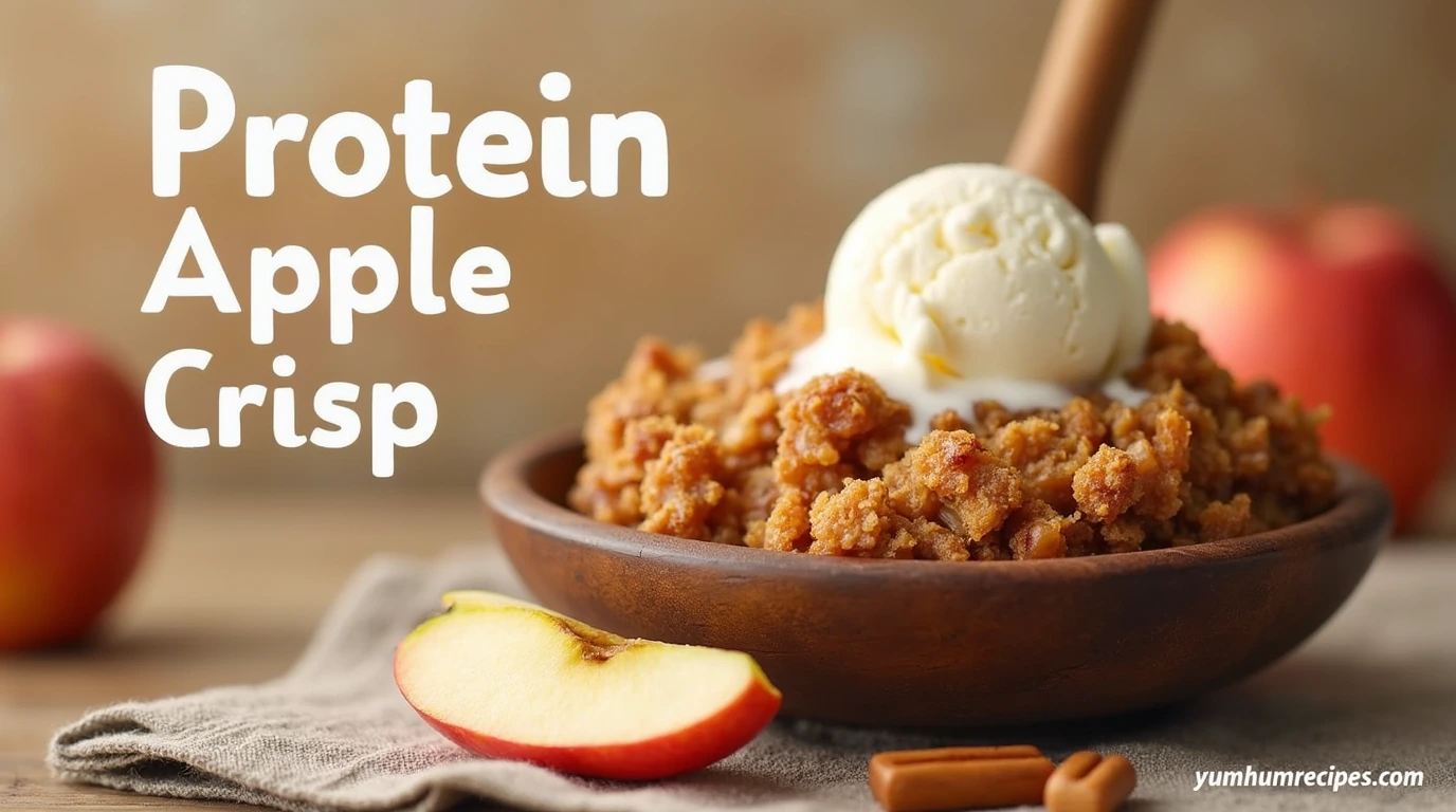 A warm and inviting protein apple crisp dessert on a rustic wooden spoon, with fresh apple slices and a dollop of vanilla ice cream, highlighting the title "Protein Apple Crisp".