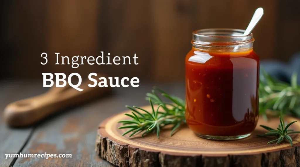 Close-up shot of a jar of 3 ingredient BBQ sauce with text overlay, perfect for food bloggers and fans of simple recipes