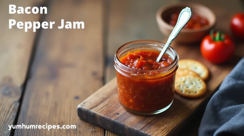 A jar of bacon pepper jam with crackers and a spoon, perfect for snacking and cooking