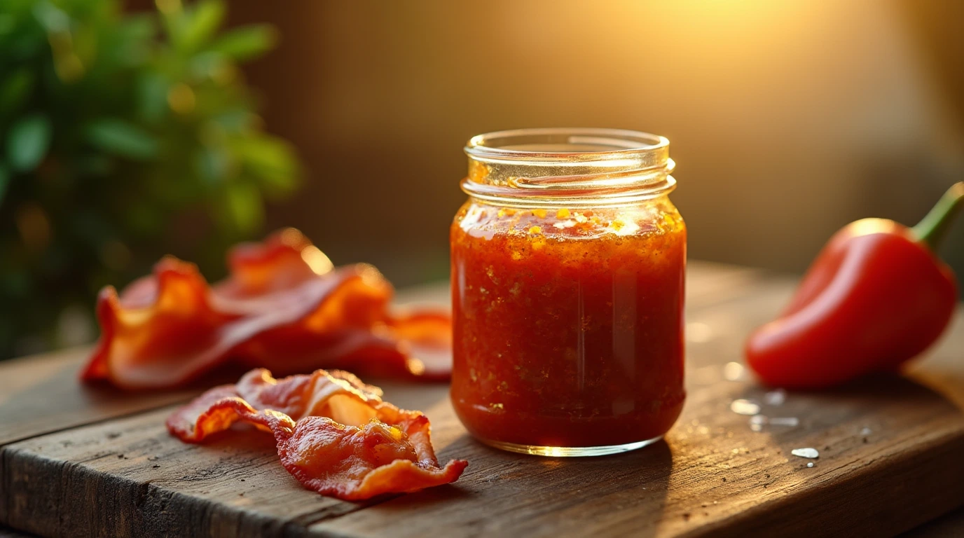 A jar of homemade Bacon Pepper Jam on a rustic wooden cutting board with crispy bacon and pepper slices.