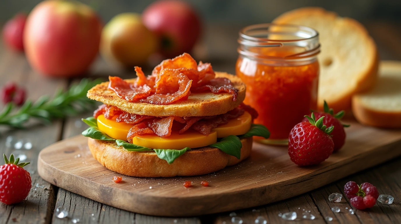 A mouth-watering breakfast spread featuring a crispy bacon pepper jam sandwich, fresh fruits, artisanal cheeses, and crusty breads