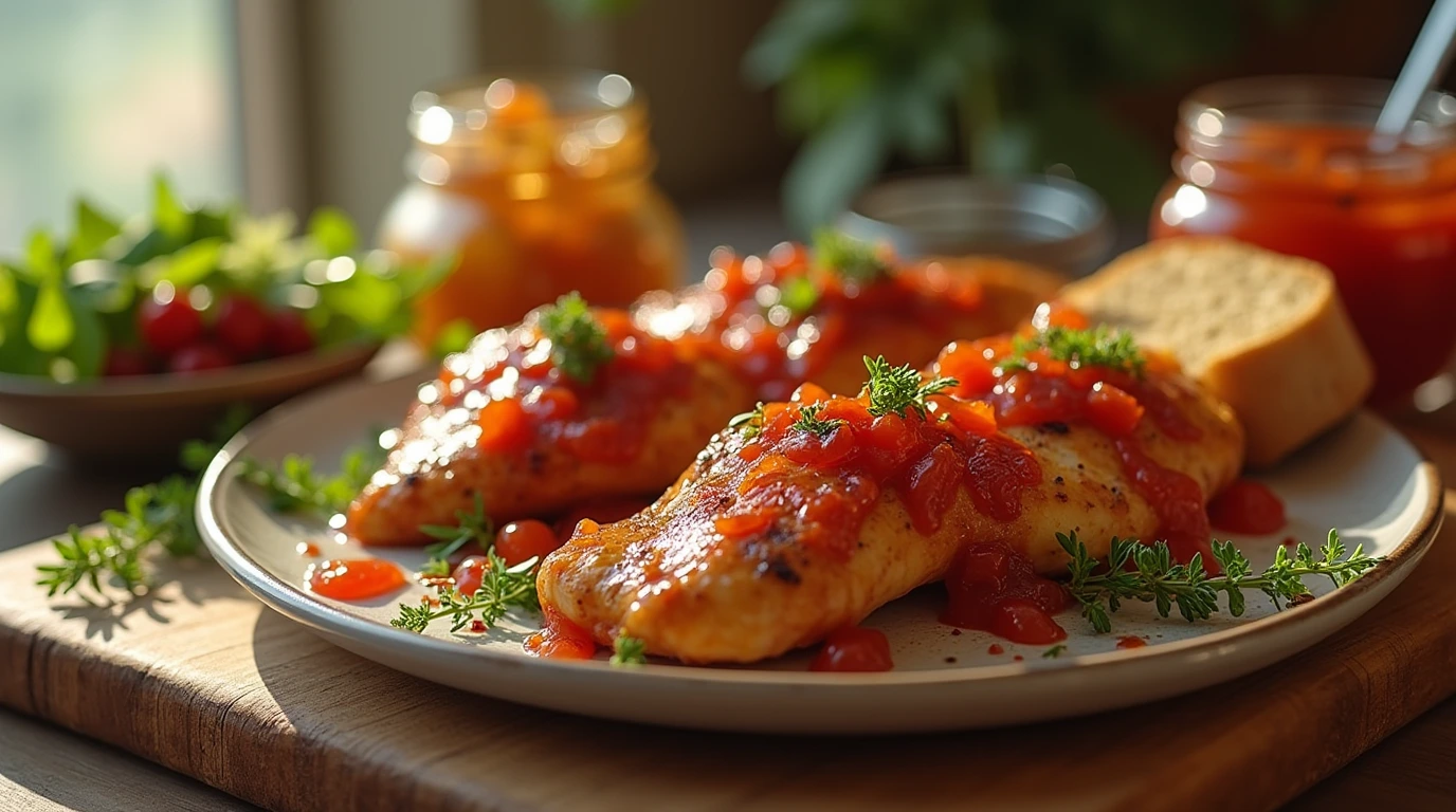 A beautifully styled table setting featuring a grilled chicken breast topped with Bacon Pepper Jam, served on a rustic wooden cutting board.