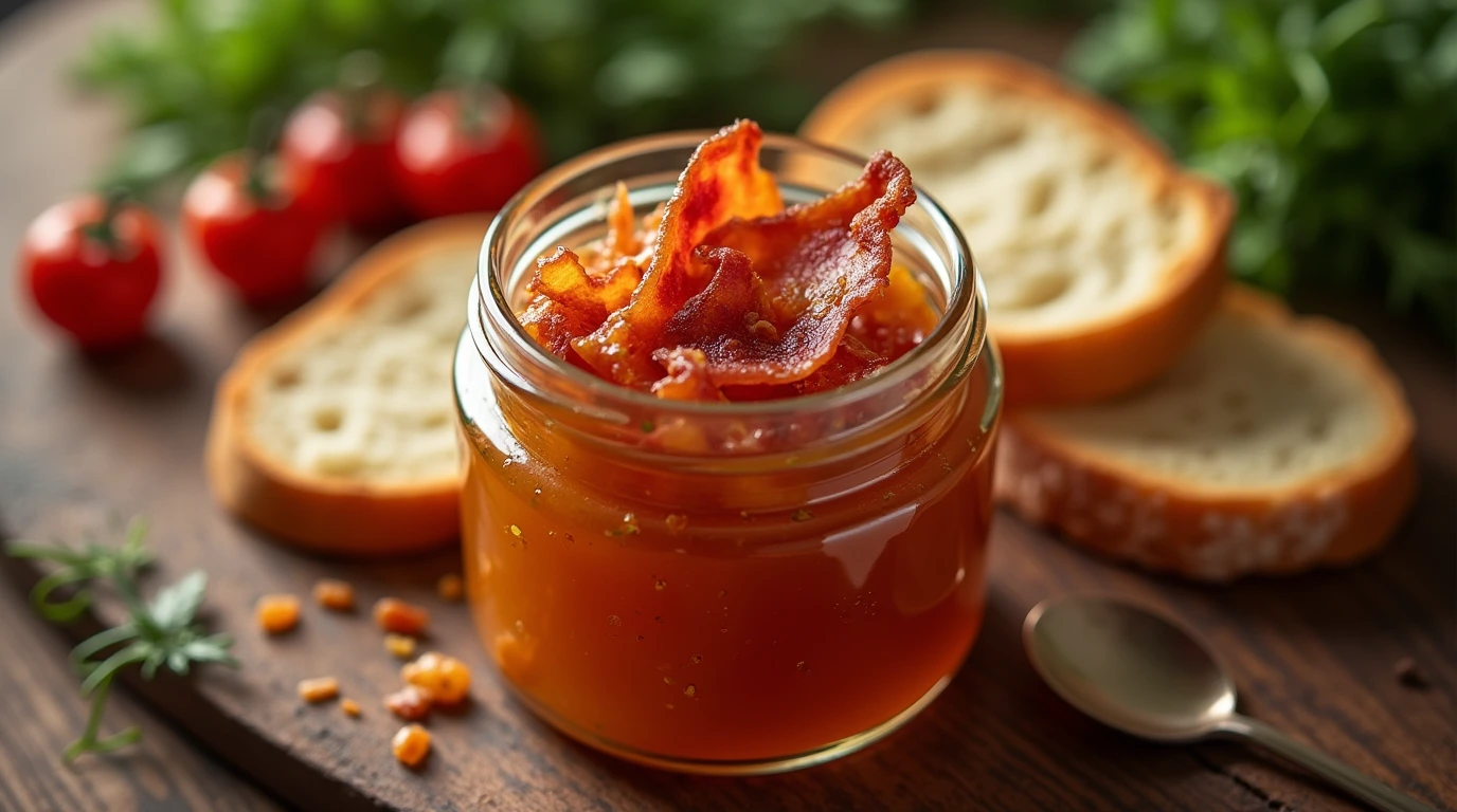 A jar of crispy bacon pepper jam served with fresh baguette and crudités, perfect for a snack or appetizer.