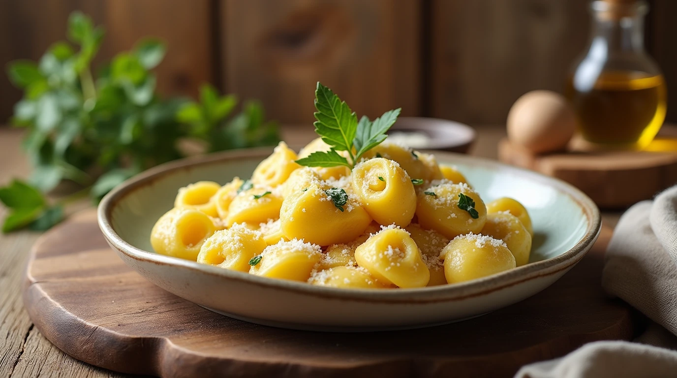 A dish of freshly made ricotta cavatelli pasta garnished with parmesan cheese and parsley