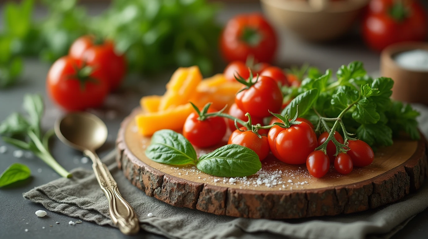 Assortment of fresh ingredients, including herbs, vegetables, and fruits, on a rustic wooden cutting board