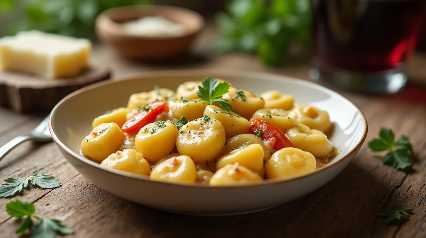 A dish of freshly cooked Ricotta Cavatelli with parmesan cheese and parsley on a wooden table