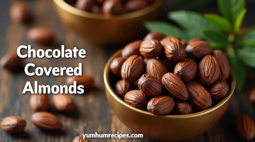 Chocolate covered almonds in a bowl, topped with fresh greenery