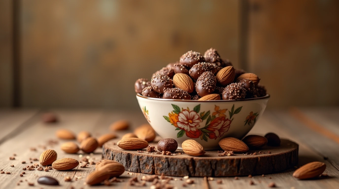 Chocolate covered almonds in a ceramic bowl on a wooden table