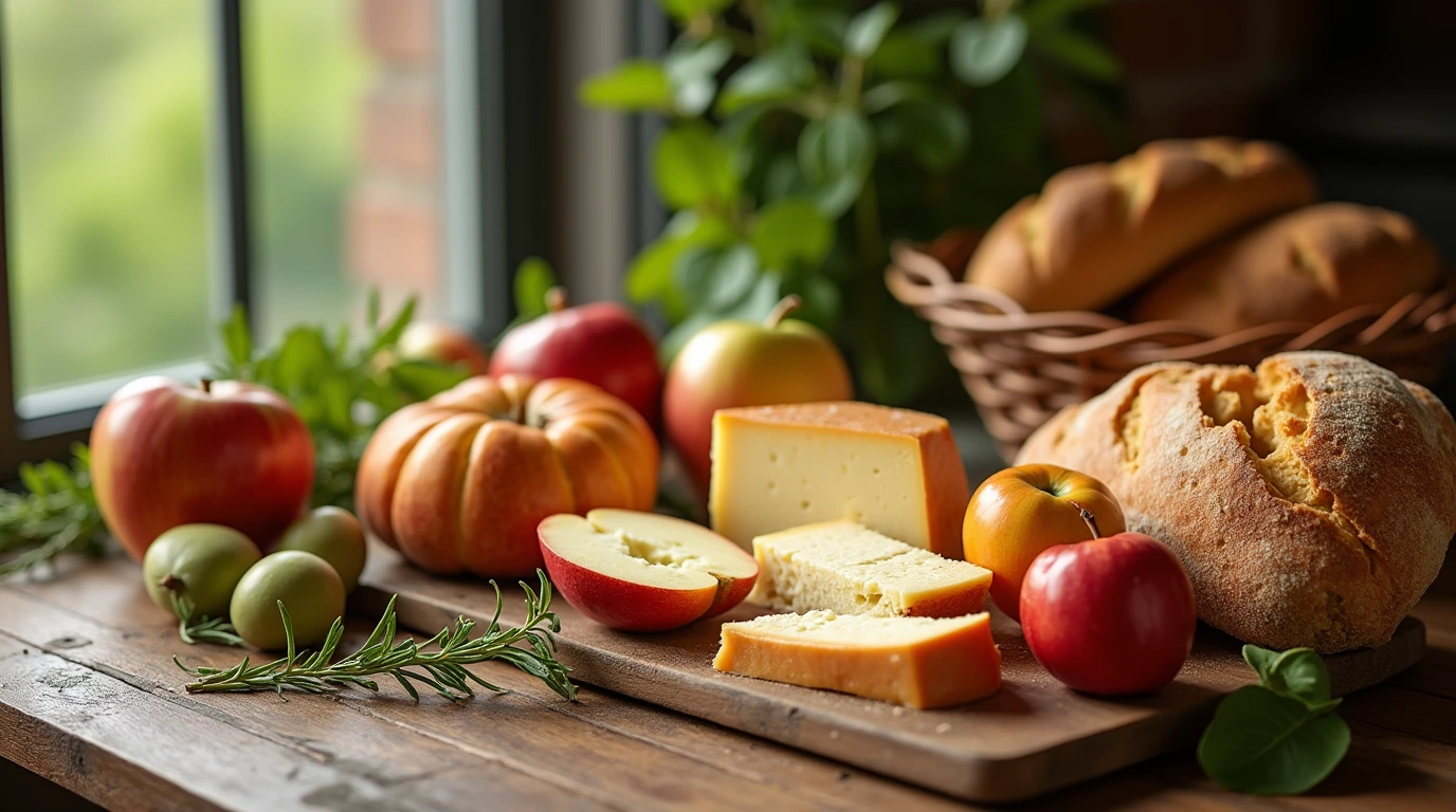 A still life of fresh produce, artisanal cheeses, and crusty breads on a rustic wooden cutting board