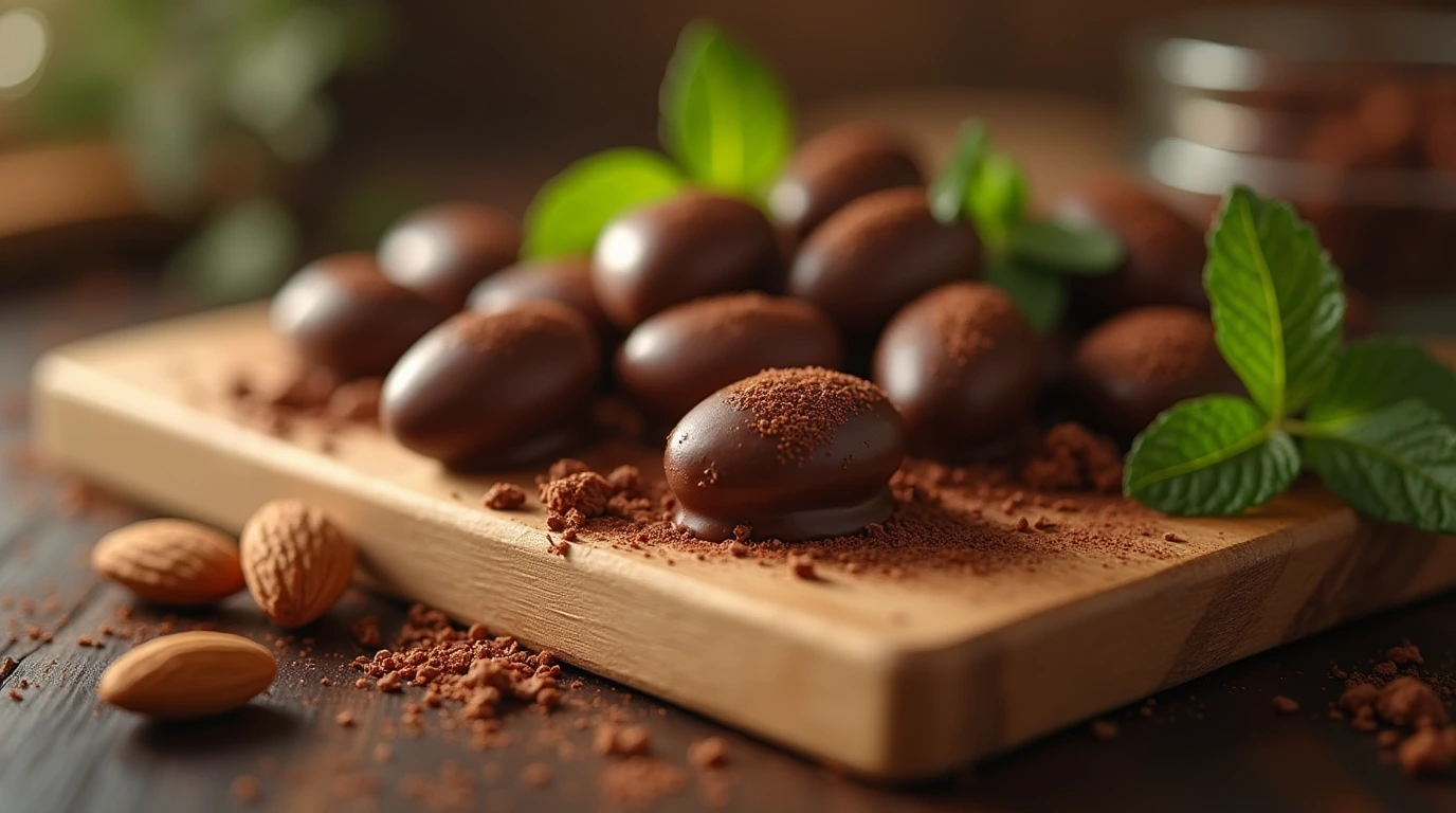 A delicious and vibrant photo of chocolate covered almonds on a wooden cutting board with fresh mint