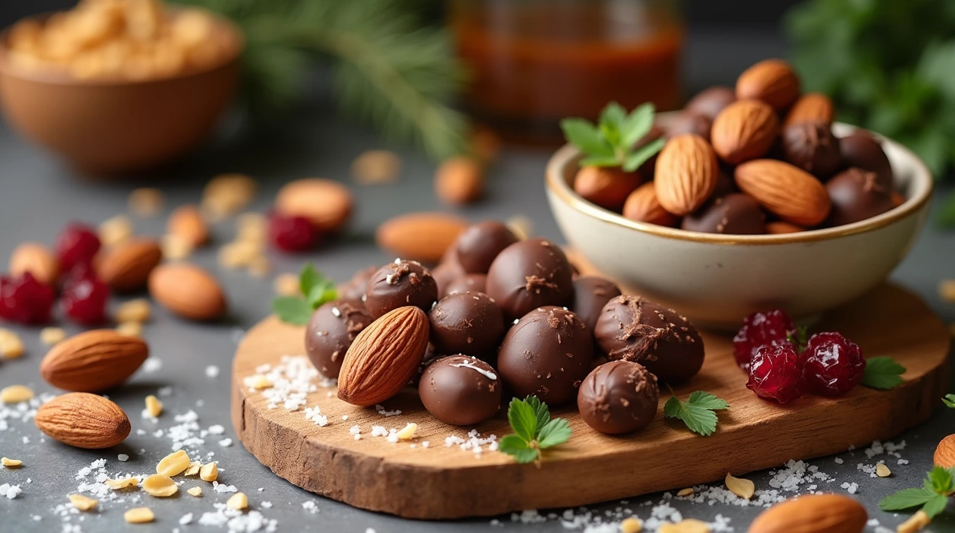 Close-up of chocolate covered almonds and assorted nuts on a marble countertop