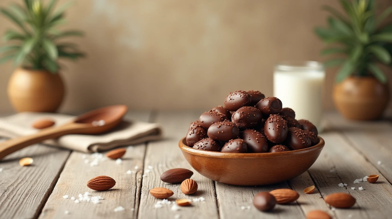 Chocolate covered almonds in a bowl with a wooden spoon and glass of milk