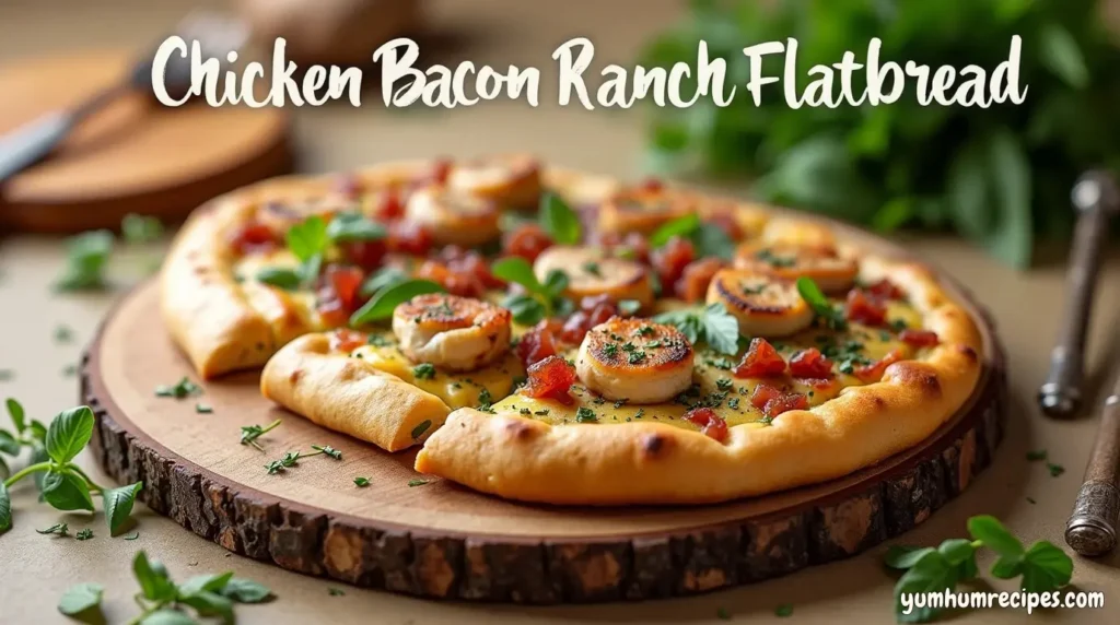 A delicious and easy-to-make chicken bacon ranch flatbread recipe, featuring crispy bacon, melted cheese, and creamy ranch dressing.