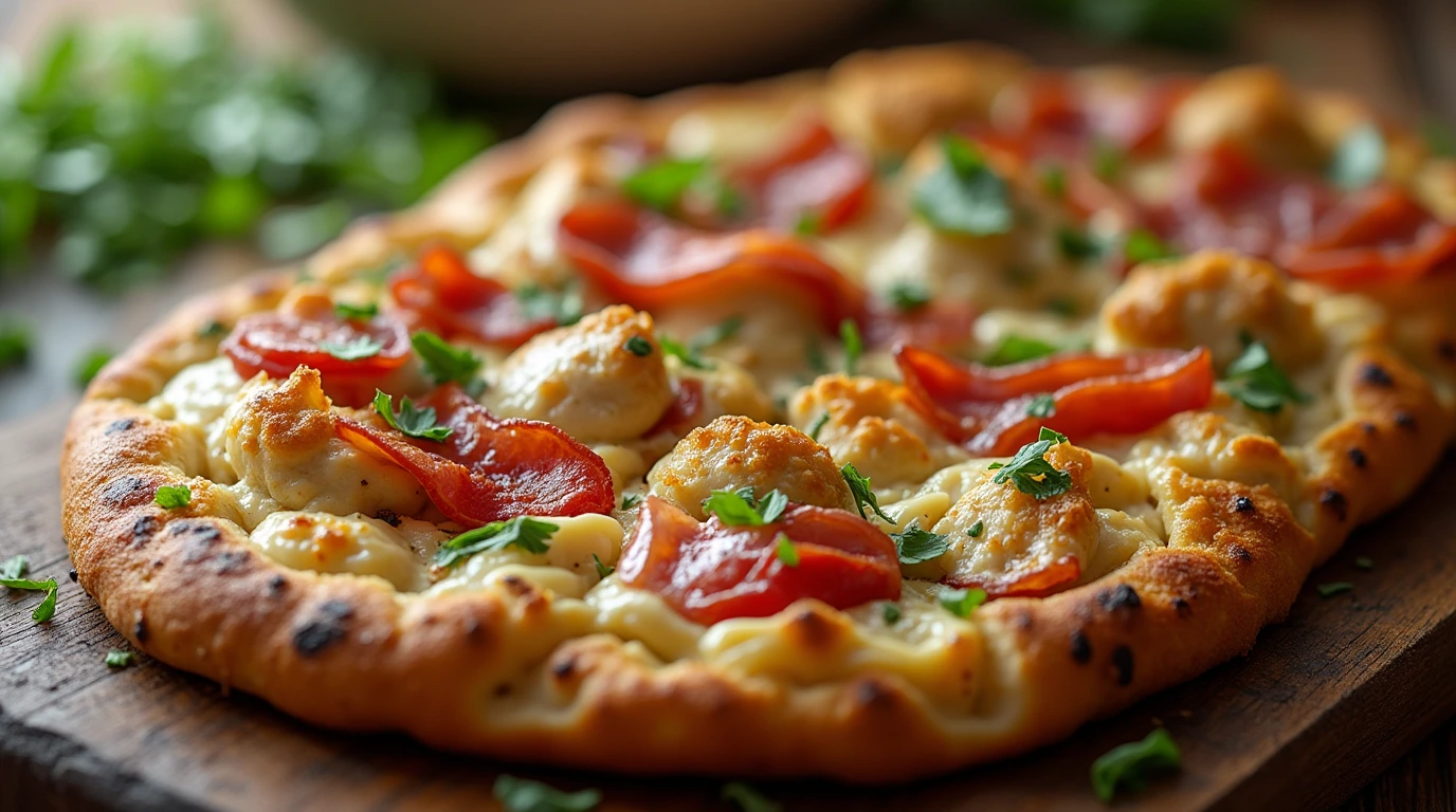 A mouthwatering flatbread topped with chicken, bacon, and ranch sauce, served with fresh herbs and rustic wooden cutting board.