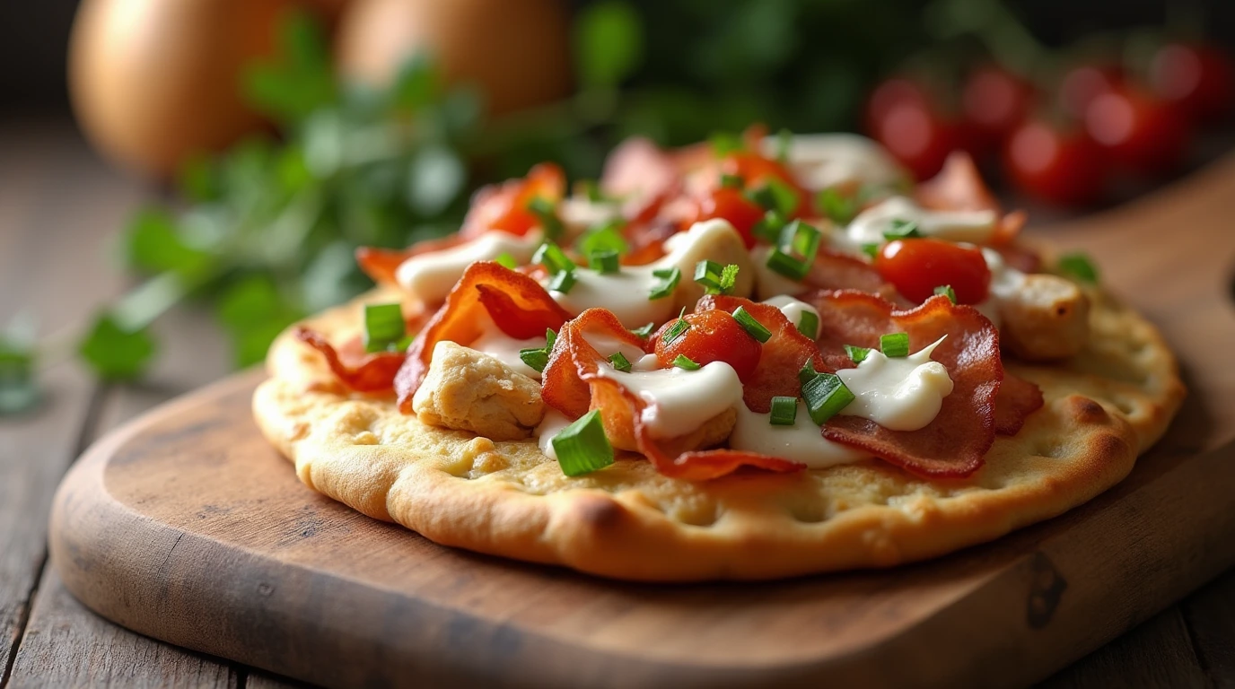 A crispy, golden brown flatbread topped with juicy chicken, crispy bacon, and creamy ranch sauce, garnished with fresh herbs on a rustic wooden cutting board.