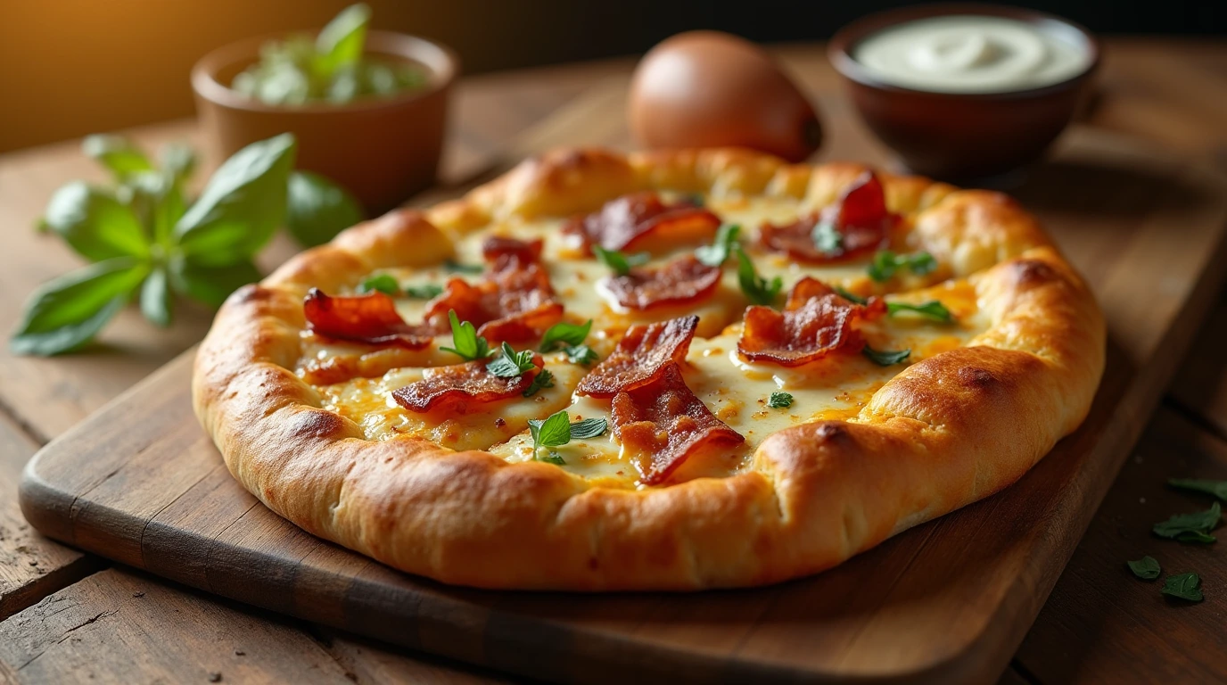 A mouthwatering image of a delicious Chicken Bacon Ranch Flatbread, served with a side of ranch dressing and fresh herbs.