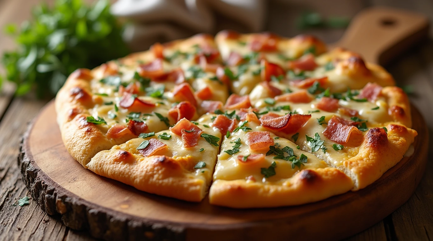 A photorealistic image of a golden-brown Chicken Bacon Ranch Flatbread on a rustic wooden board, garnished with fresh herbs and served with a side of ranch sauce.