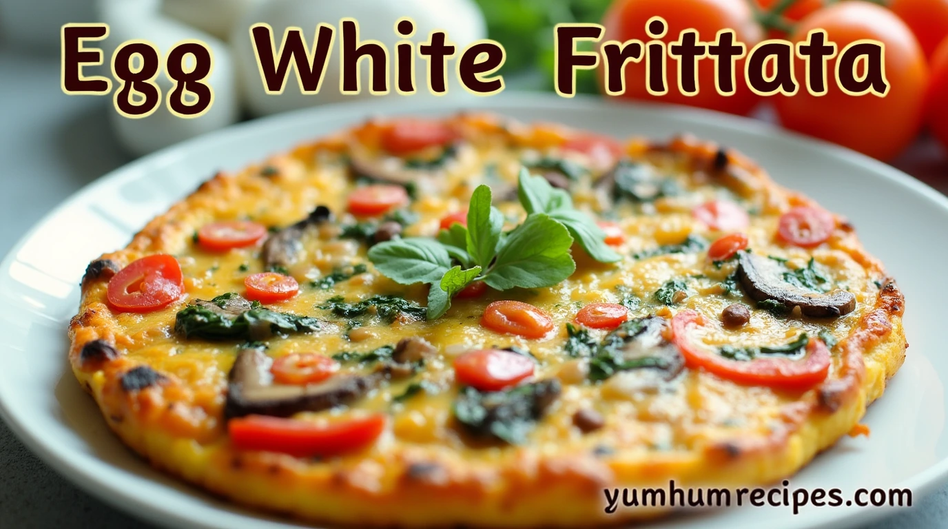 Healthy and delicious egg white frittata with colorful vegetables like spinach, tomatoes, and bell peppers, garnished with fresh herbs.