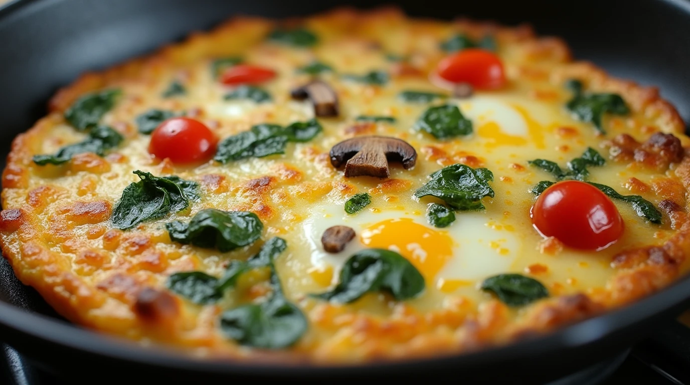 A fluffy egg white frittata in a skillet, featuring fresh vegetables like spinach and mushrooms.