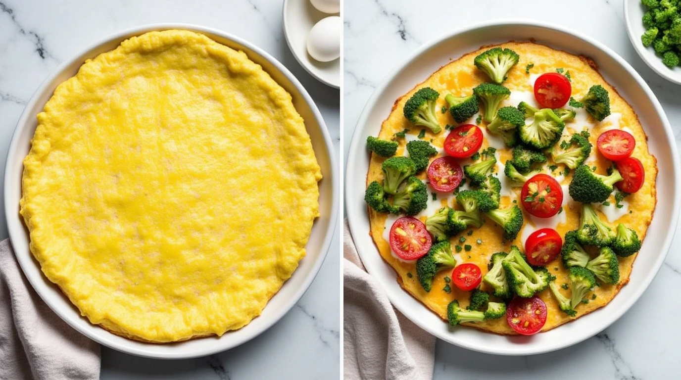 A comparison between a traditional frittata made with whole eggs and a lighter egg white frittata with vegetables.