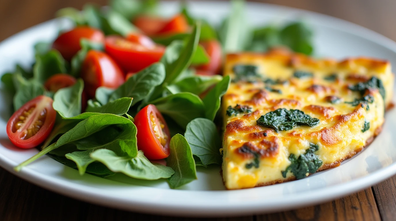 A nutrient-packed egg white frittata served with a side salad full of fresh vegetables.