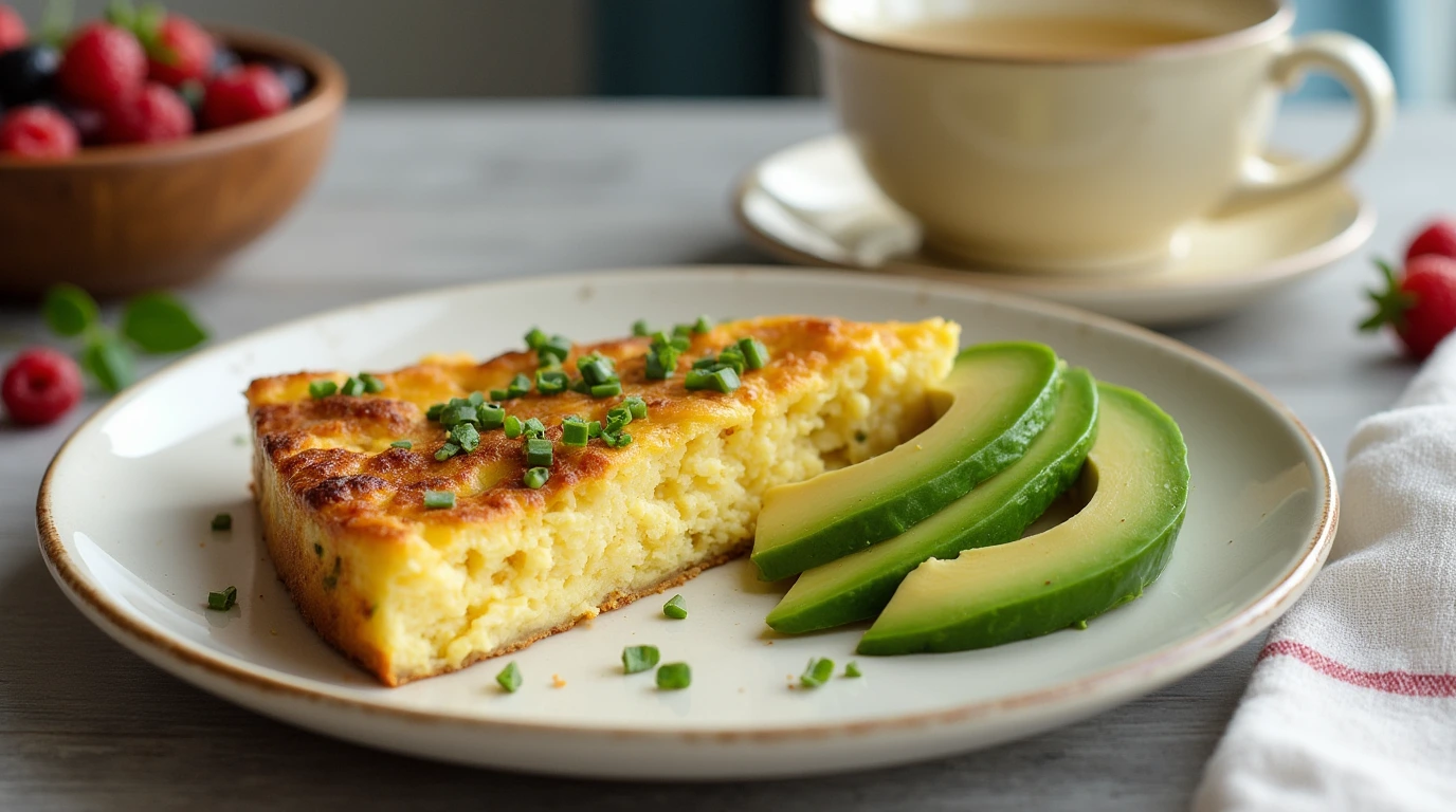 A wholesome breakfast spread with egg white frittata, avocado, fresh berries, and green tea.