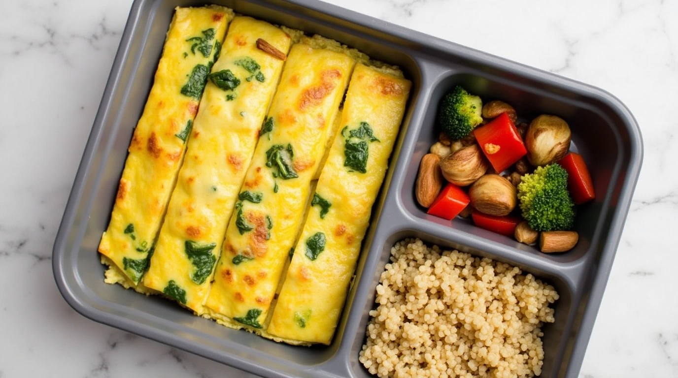 A meal prep container with slices of egg white frittata and roasted vegetables.