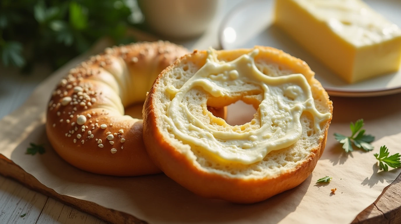 A freshly baked, gluten free bagel sliced in half and topped with creamy butter, garnished with fresh parsley.