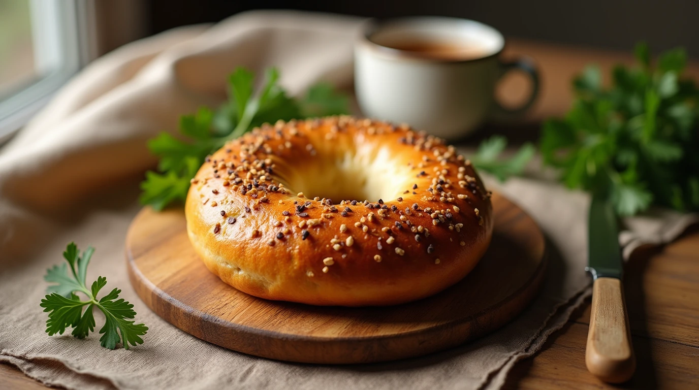 A perfectly toasted gluten free bagel on a rustic wooden board, garnished with fresh parsley and a ceramic knife.