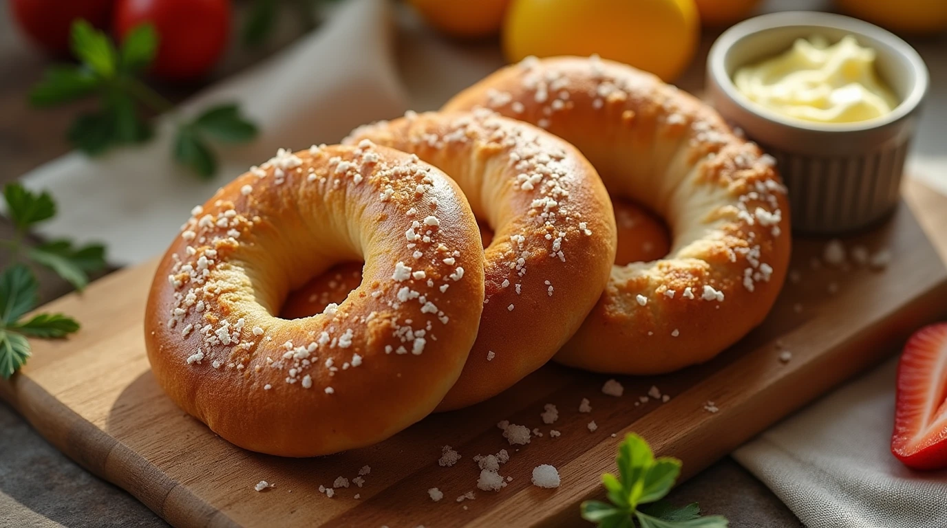 A perfectly baked gluten free bagel on a rustic wooden cutting board with fresh fruit, butter, and sea salt