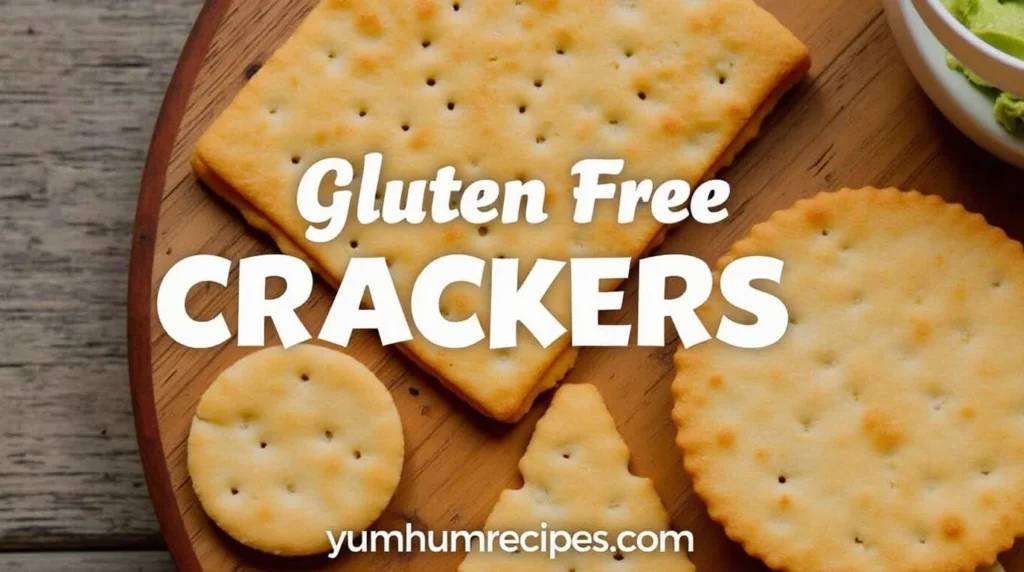 Assortment of gluten free crackers on a wooden board with a bowl of dip, perfect for healthy snacking.