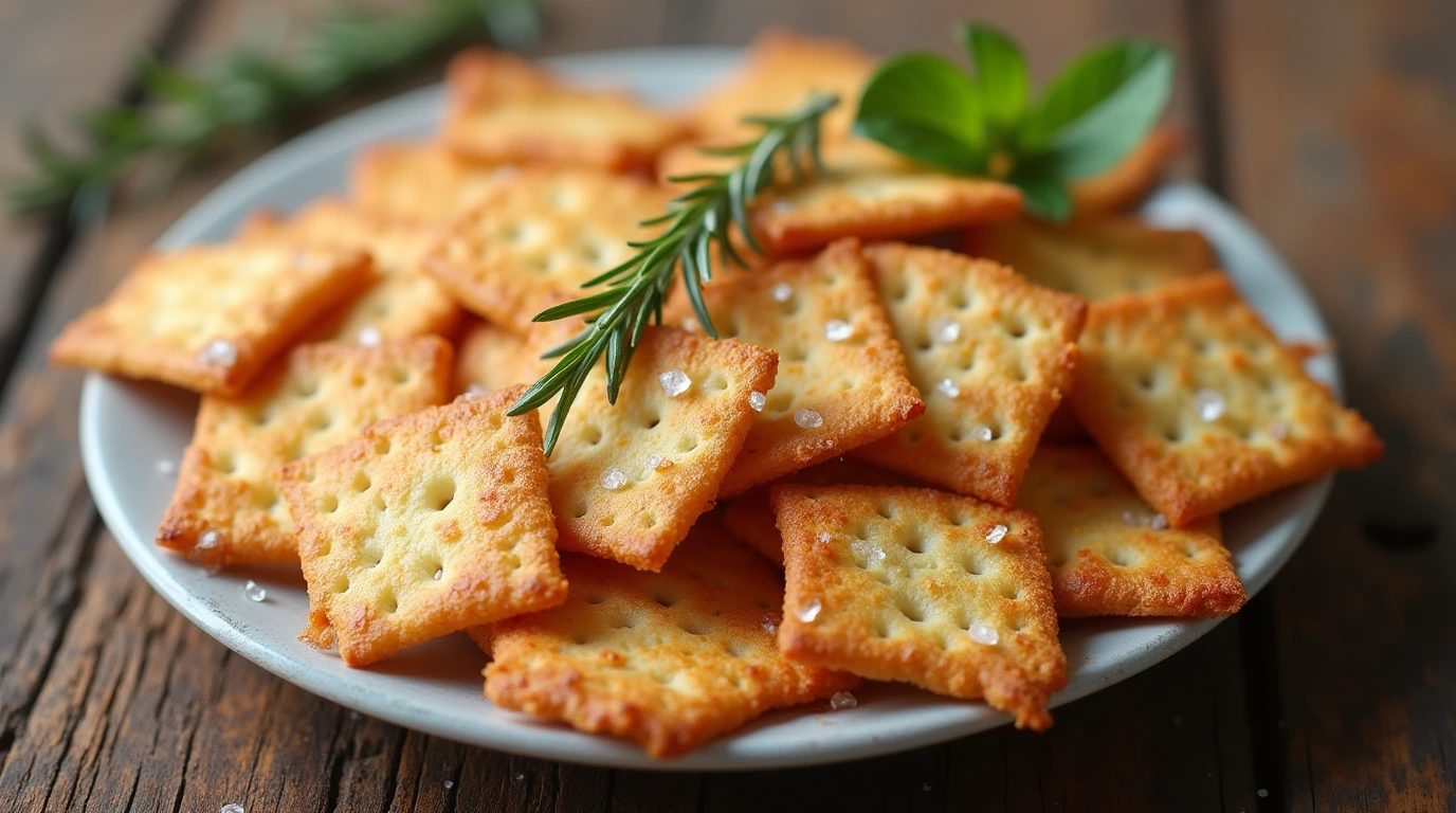 Plate of crispy homemade gluten free crackers with rosemary garnish.