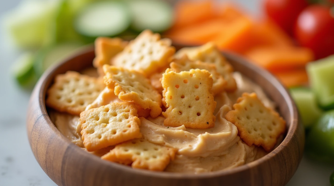 Gluten free crackers served with hummus and fresh vegetables.