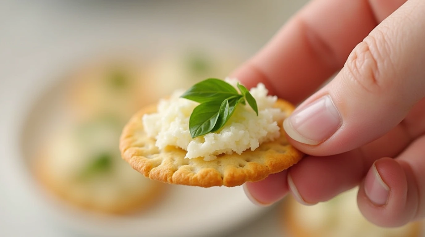 Hand holding a gluten free cracker topped with cheese and fresh basil.