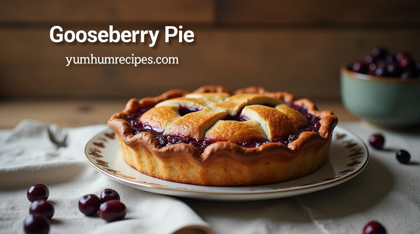 A deliciously baked gooseberry pie with a golden brown crust and a sweet-tart filling, served on a vintage china plate.