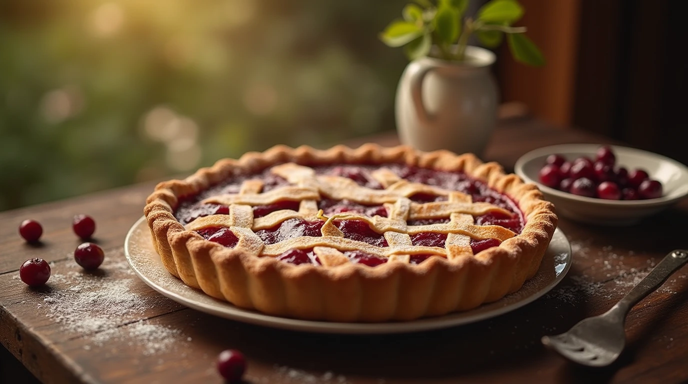 A warm and inviting photograph of a gooseberry pie, fresh from the oven and ready to be served.