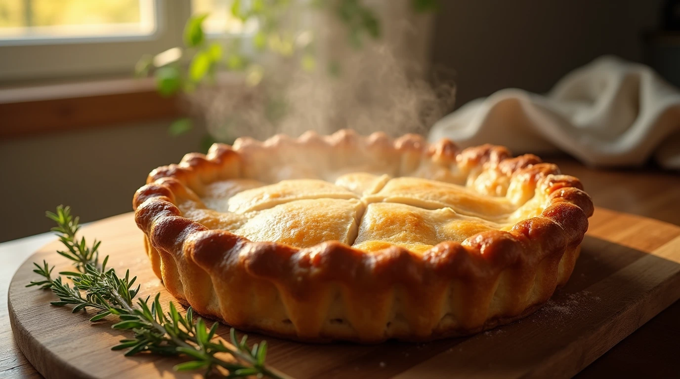 A perfectly baked pie crust, fresh from the oven, with a golden-brown crust and a touch of rustic charm.