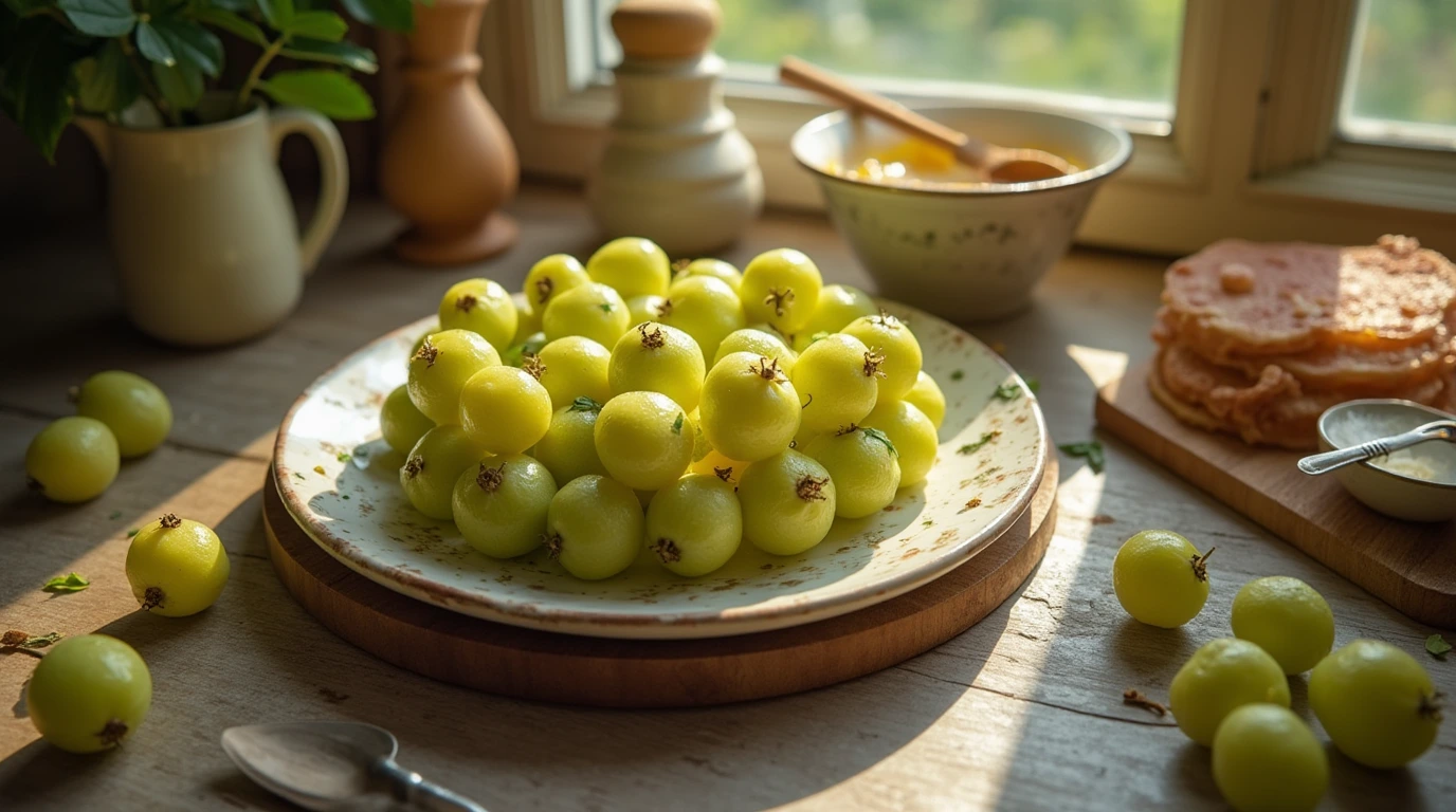 A beautifully styled kitchen counter with gooseberries and filling, showcasing the art of creating a delicious gooseberry filling.