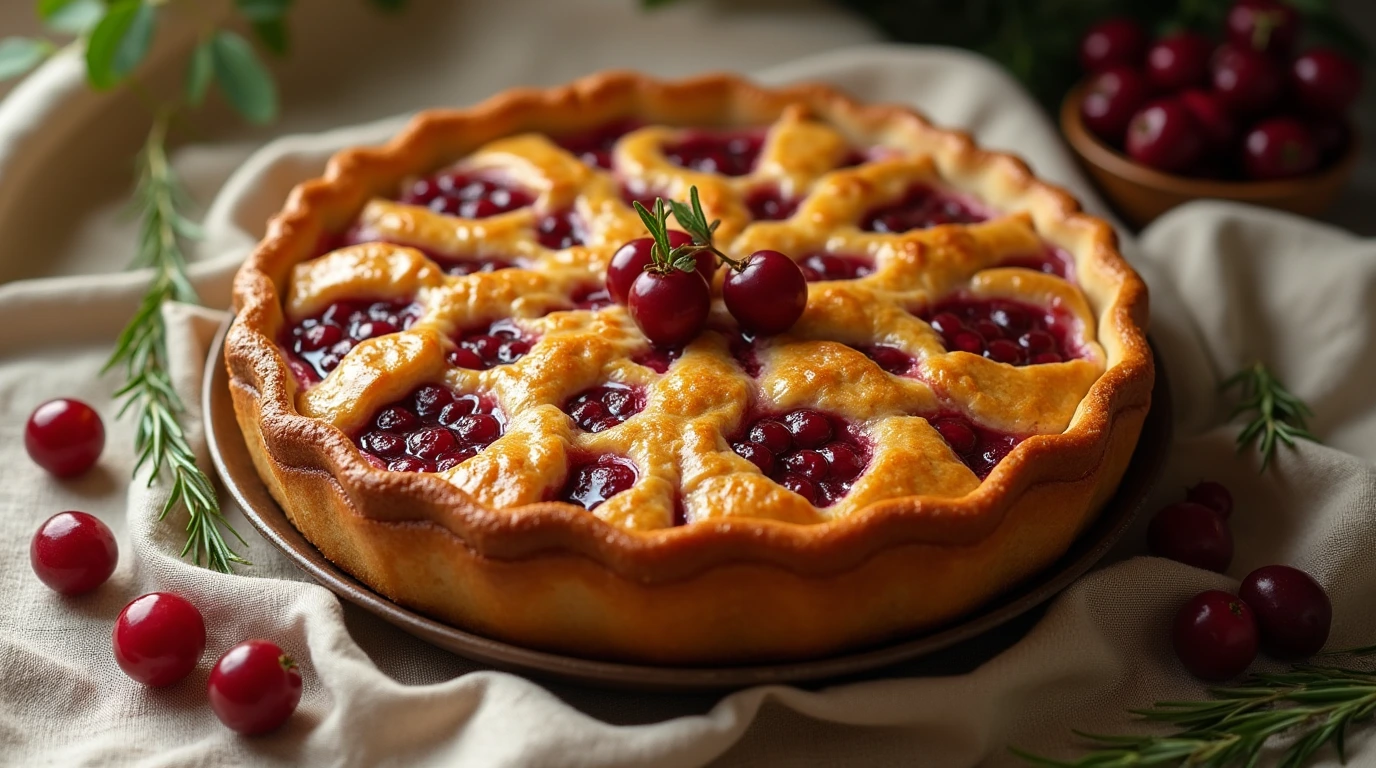 A beautifully baked gooseberry pie, fresh from the oven, with a golden-brown crust and juicy berries, set against a warm linen tablecloth.