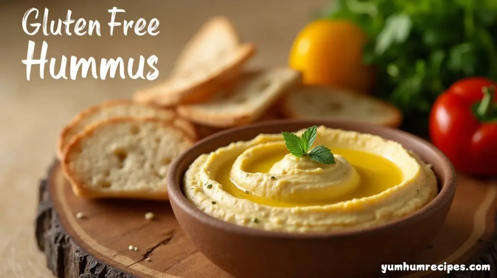 Gluten free hummus dip with pita chips and fresh vegetables, perfect for a healthy snack or appetizer.