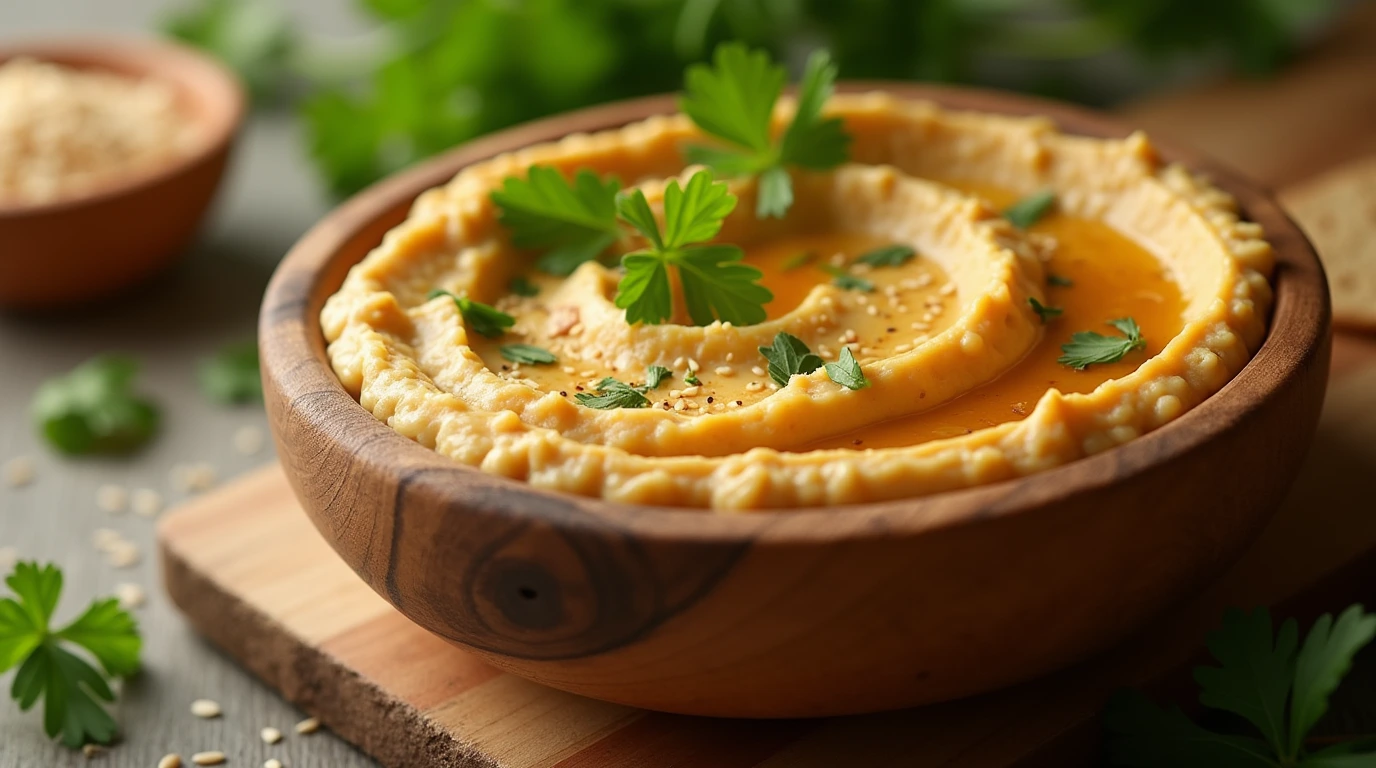 A photorealistic scene of creamy gluten free hummus in a rustic wooden bowl, garnished with chickpeas, fresh parsley, and sesame seeds, bathed in warm natural light.