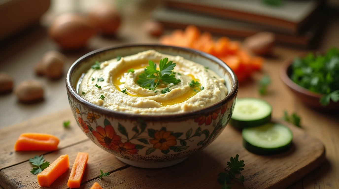 A warm and inviting image of gluten-free hummus in a rustic ceramic bowl, surrounded by fresh parsley and crudités.