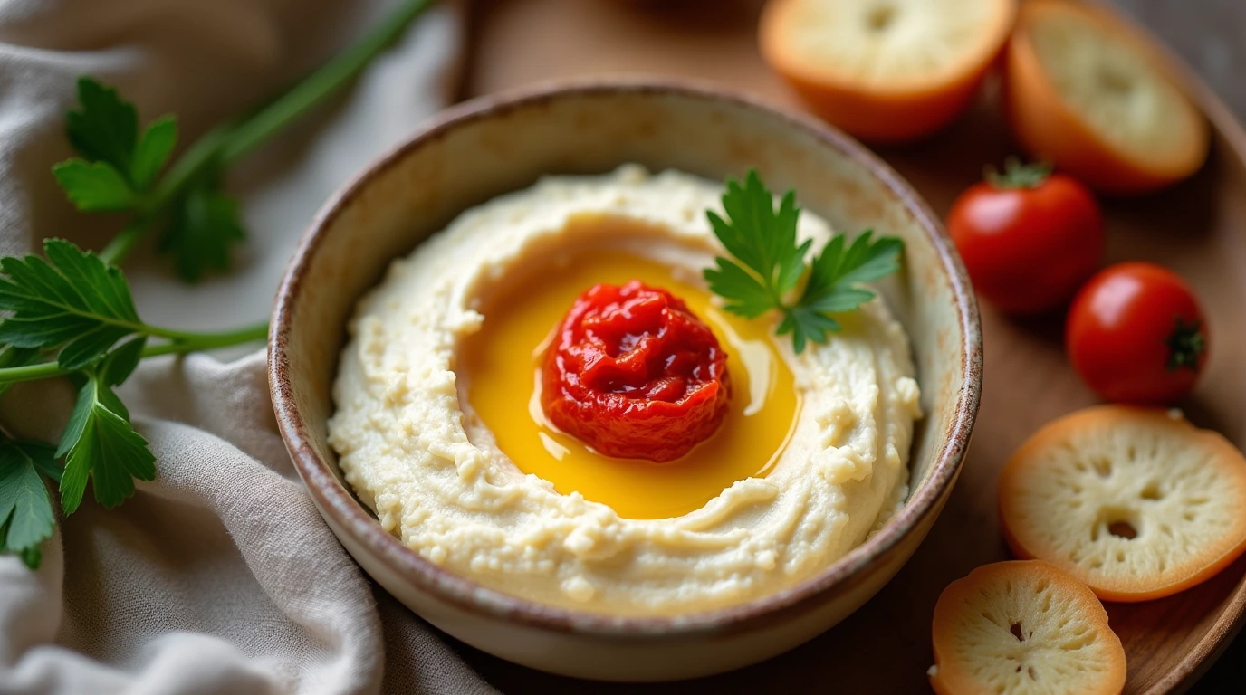 A close-up shot of a creamy gluten free hummus served in a rustic ceramic bowl, garnished with roasted red pepper and fresh parsley.