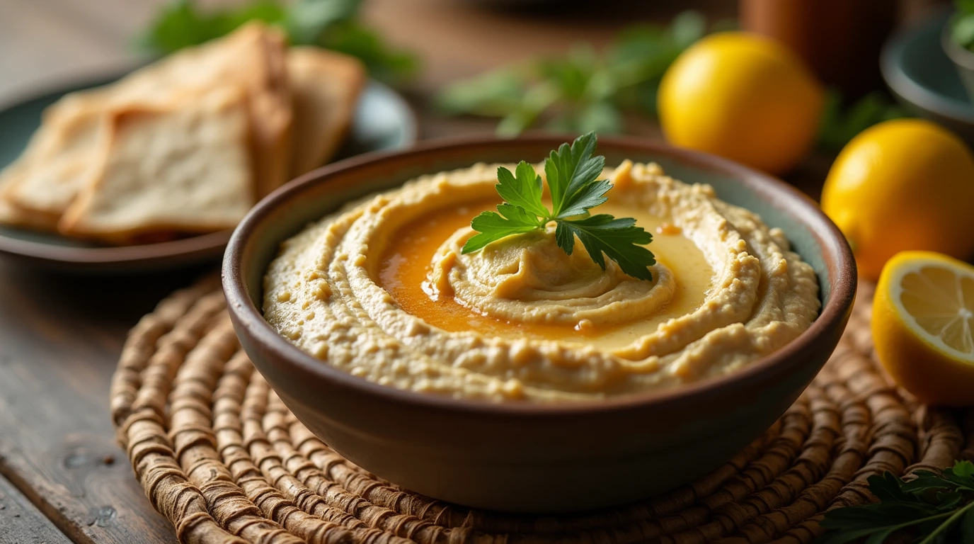 A ceramic bowl filled with creamy gluten free hummus, surrounded by fresh lemons and pita chips, on a rustic wooden table