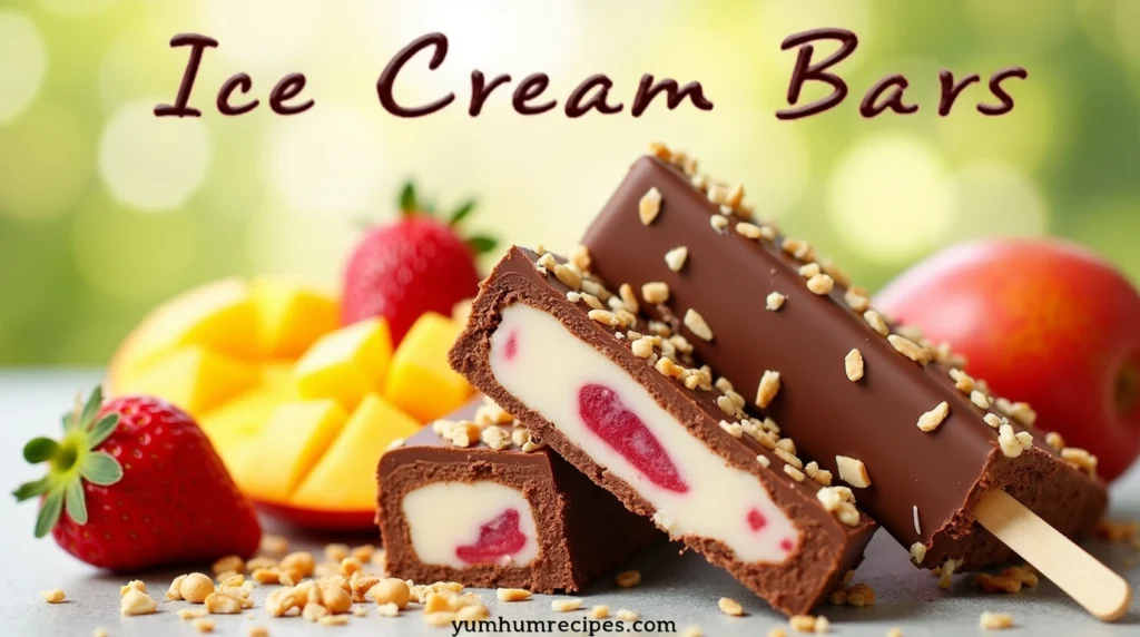 A variety of colorful ice cream bars, including chocolate, fruit, and nut-coated versions, with fresh fruit and nuts as toppings.