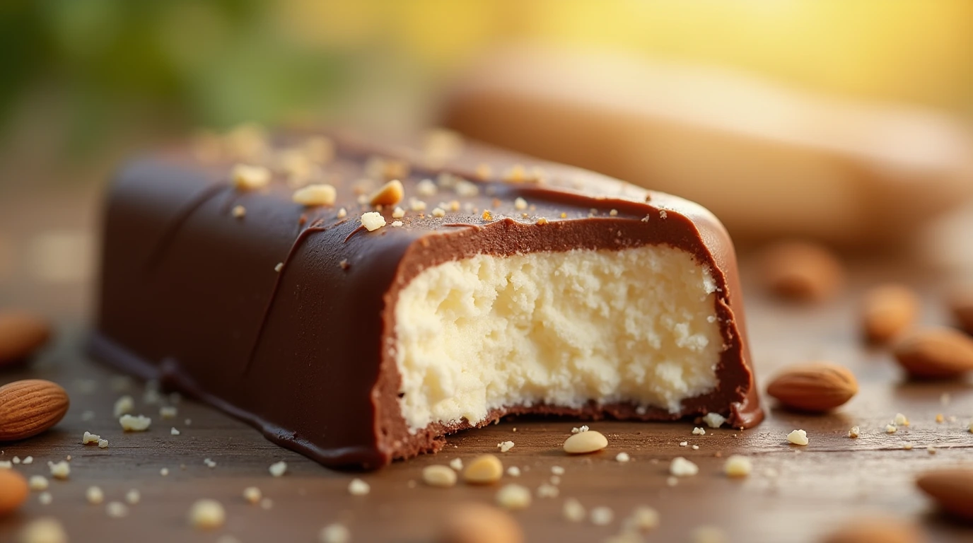 Chocolate-covered ice cream bar with a creamy vanilla center and almond topping.